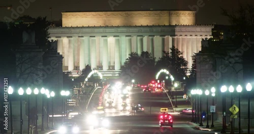 Lincoln Memorial and Memorial Bridge Timelapse at night with commuter traffic