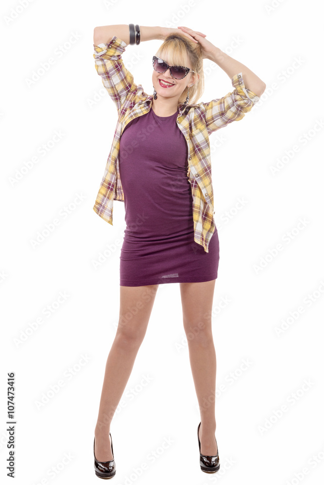 pretty woman standing in purple dress, isolated on a white