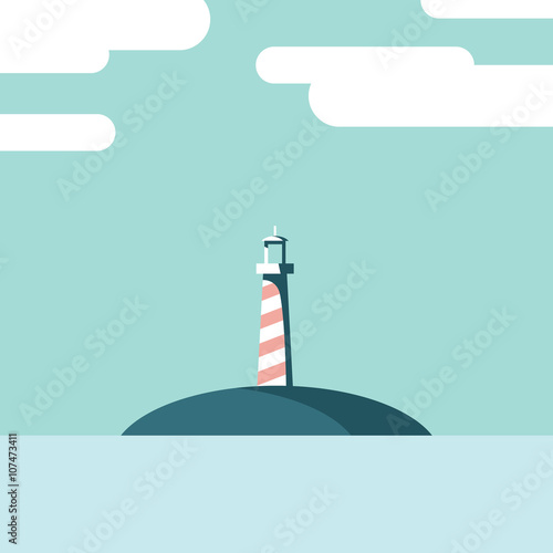 Lighthouse on an island landscape vector illustration. Summer holiday postcard template in modern flat design, artistic style.
