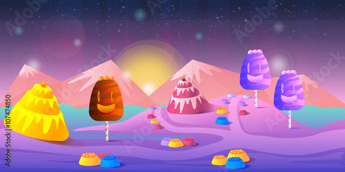 Cartoon fairy tale landscape. Candy land illustration for game design.