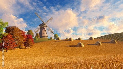 Farm landscape with windmill among autumn fields under blue cloudy sky and haystacks on foreground. Realistic 3D illustration was done from my own 3D rendering file.