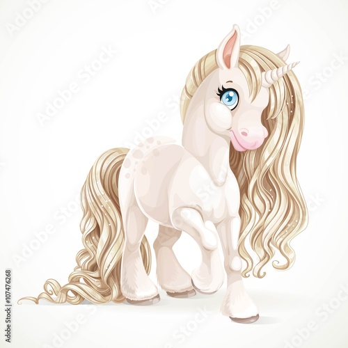 Cute fabulous unicorn with golden mane isolated on a white backg