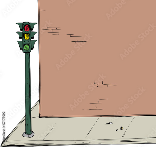 Stoplight near intersection and brick wall cartoon illustration