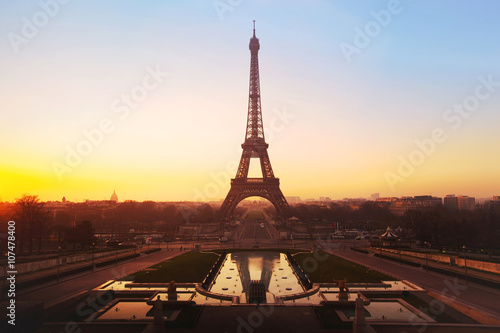 skyline of Paris, beautiful cityscape at sunrise with silhouette of Eiffel Tower
