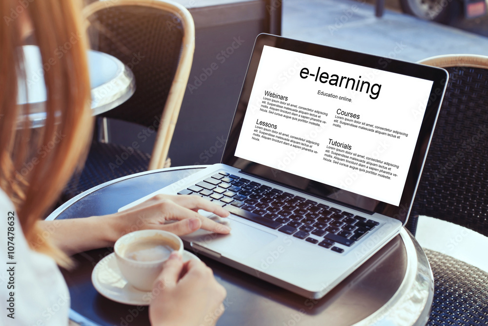 e-learning, education online concept, woman with laptop - obrazy, fototapety, plakaty 
