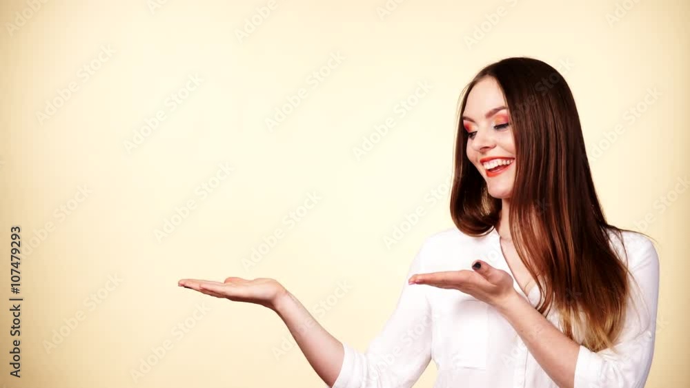 Woman holds empty hand copy space for product 4K Woman holds empty hand copy space for product 4K