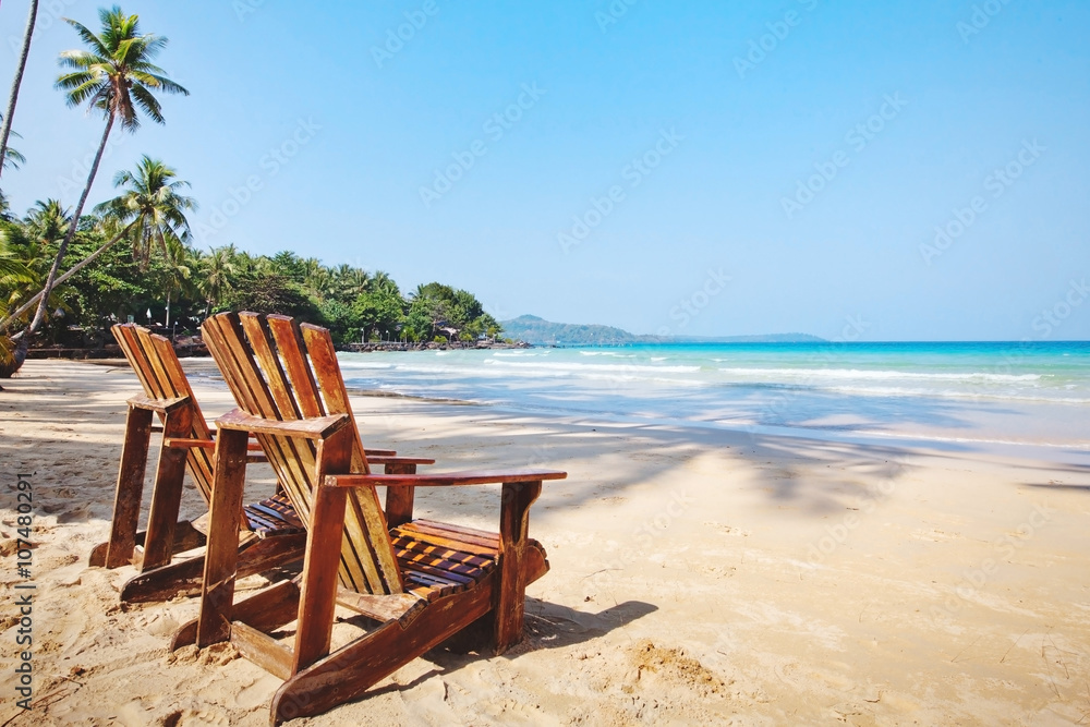 summer tropical holidays, beach hotel in sunny day, vacations on paradise island, background with place for text