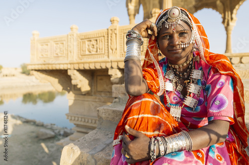 Woman wearing traditional jewelry, Rajasthan, India photo