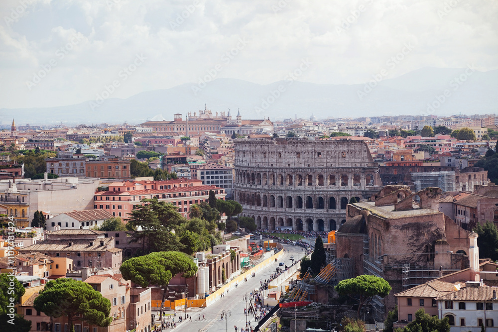Coliseum and panoramic view of Rome, Italy