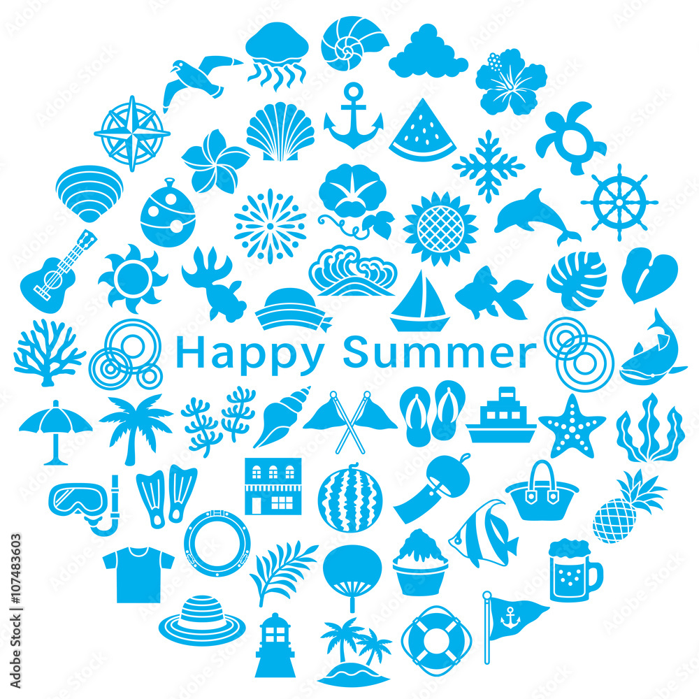 夏アイコンをつめこんだ円 暑中見舞い 夏セール用 Stock Vector Adobe Stock
