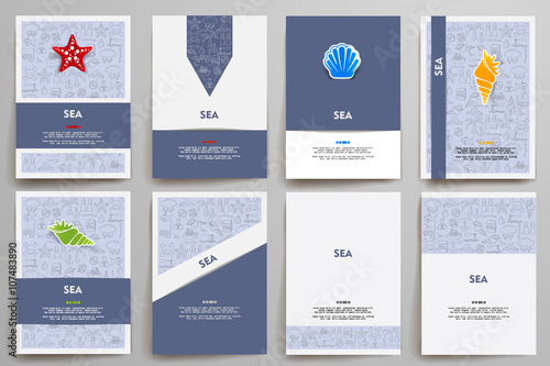 Corporate identity vector templates set with doodles sea theme