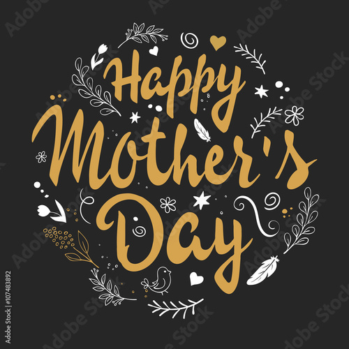 vector hand drawn lettering with branches, swirls, flowers and quote - happy mothers day