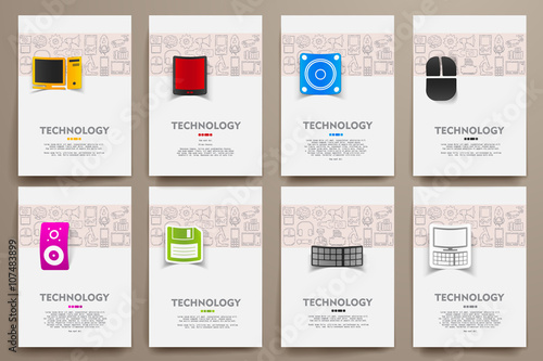 Corporate identity vector templates set with doodles technology theme