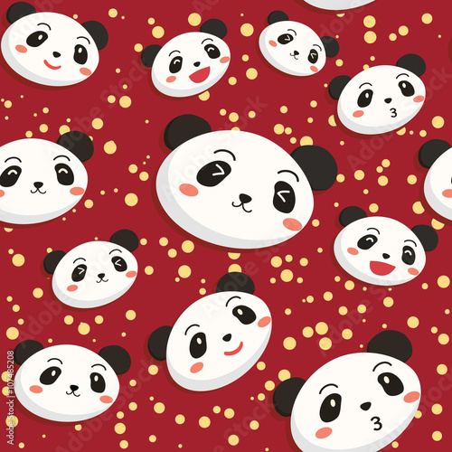 Fototapeta Naklejka Na Ścianę i Meble -  Seamless pattern with many expression of cute panda face in red background.