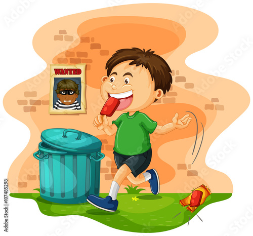 Boy throwing icecream bag on the ground
