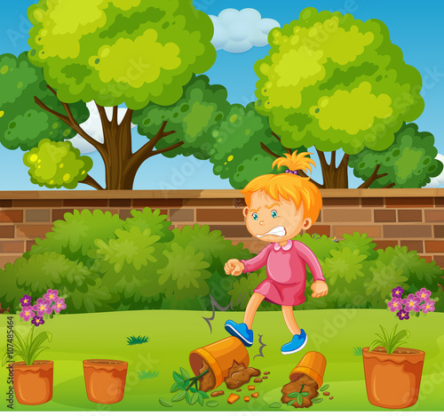 Angry girl kicking potted plants in the garden