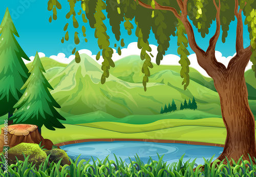 Scene with mountains and pond