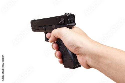 gun in hand and pointing, isolated on white background