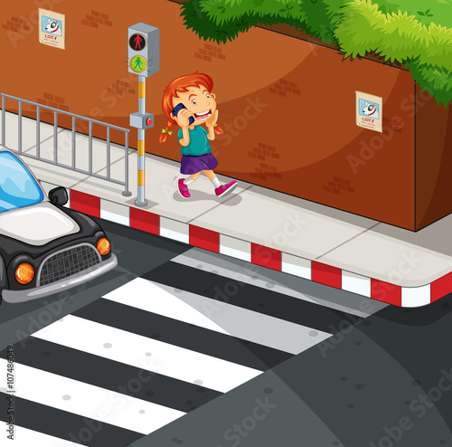 Girl talking on the phone on the road