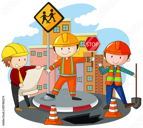 People working at the road construction