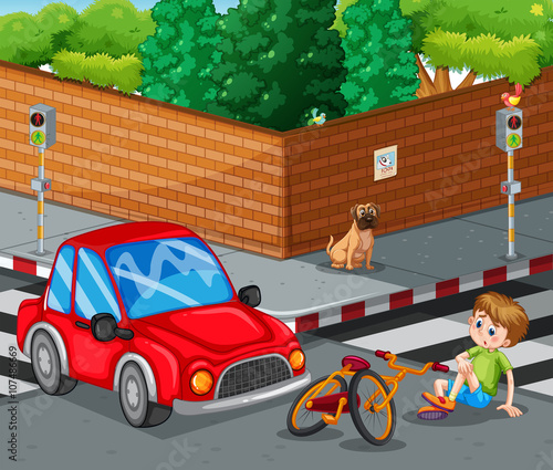 Scene with car crashing bicycle and boy getting hurt