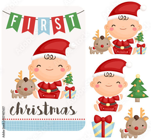 Baby Boy First Christmas Vector Set