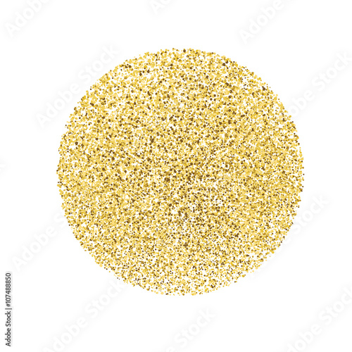Circle with gold glitter particles on white background. Golden f