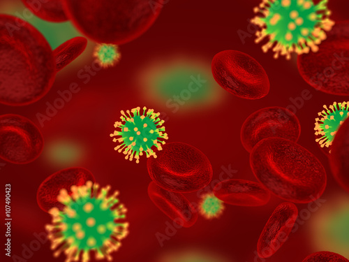 Abstract 3D red blood cells with flu virus, scientific or medica
