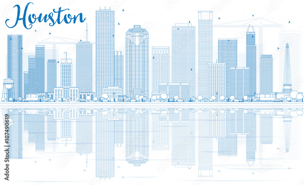 Outline Houston Skyline with Blue Buildings and Reflections.