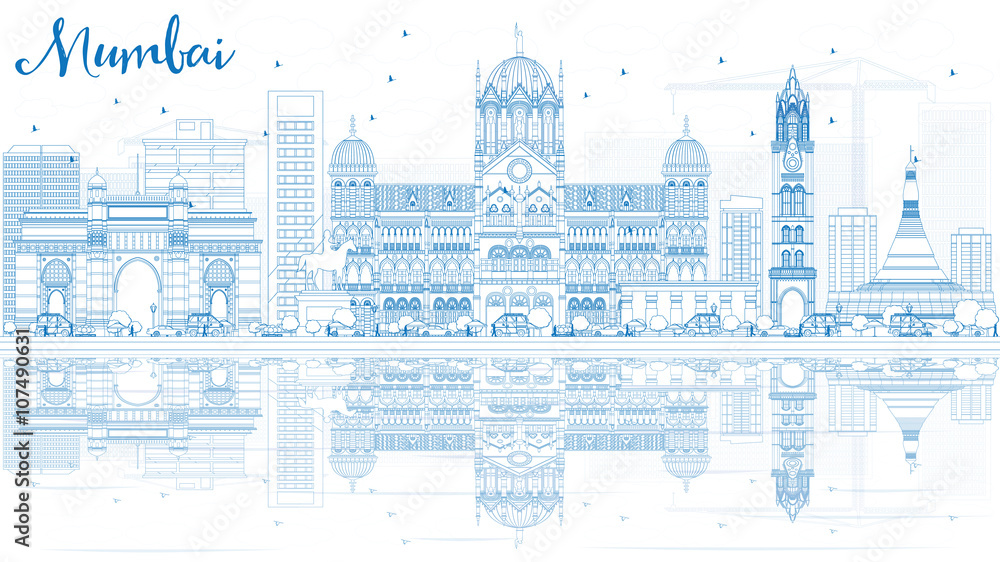 Outline Mumbai Skyline with Blue Landmarks and Reflections.