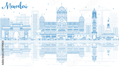 Outline Mumbai Skyline with Blue Landmarks and Reflections.