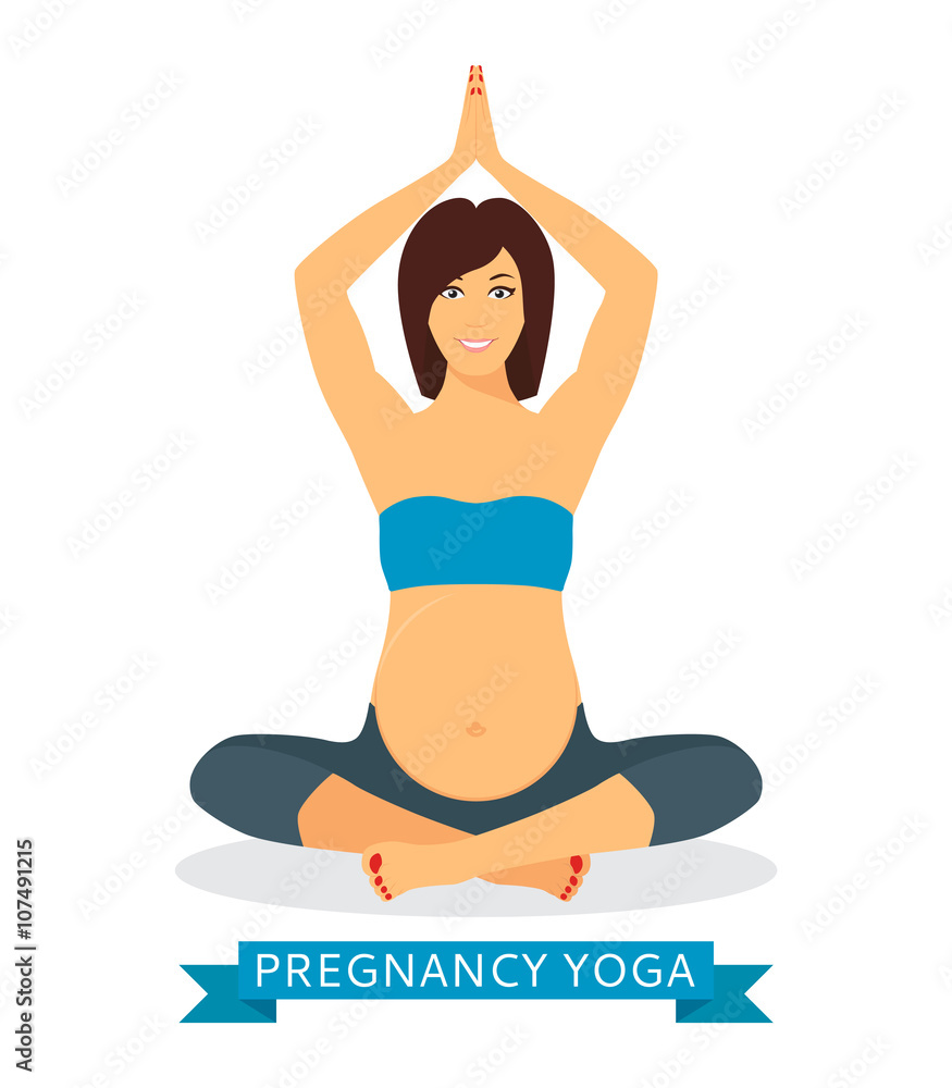 Pregnant yoga woman relaxing and meditating. Pregnant woman meditating while sitting in lotus position isolated on white background. Vector illustration.
