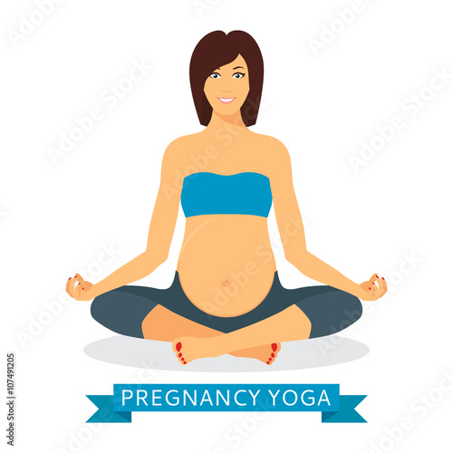 Pregnant woman meditating while sitting in lotus position isolated on white background. Pregnant yoga woman relaxing and meditating. Vector illustration.