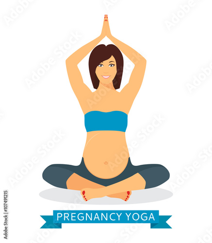 Pregnant yoga woman relaxing and meditating. Pregnant woman meditating while sitting in lotus position isolated on white background. Vector illustration.
