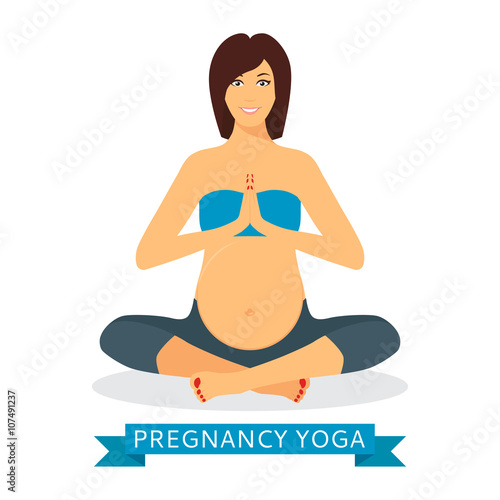 Pregnant yoga woman meditating. Pregnant woman meditating while sitting in lotus position isolated on white background. Vector illustration.