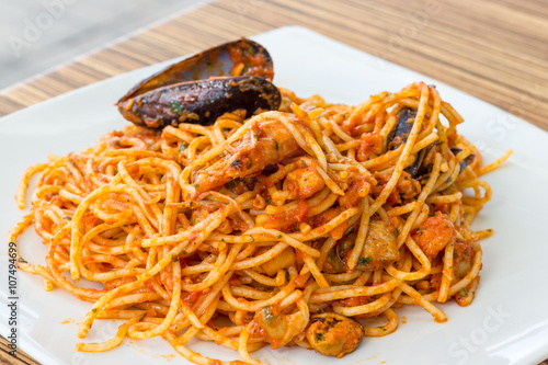 Plate of spaghetti with seafood