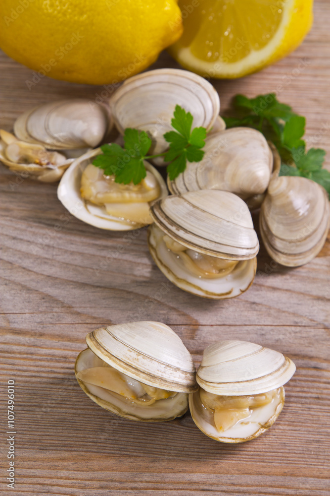 seafood, clams on wooden background seafood, clams on wooden background