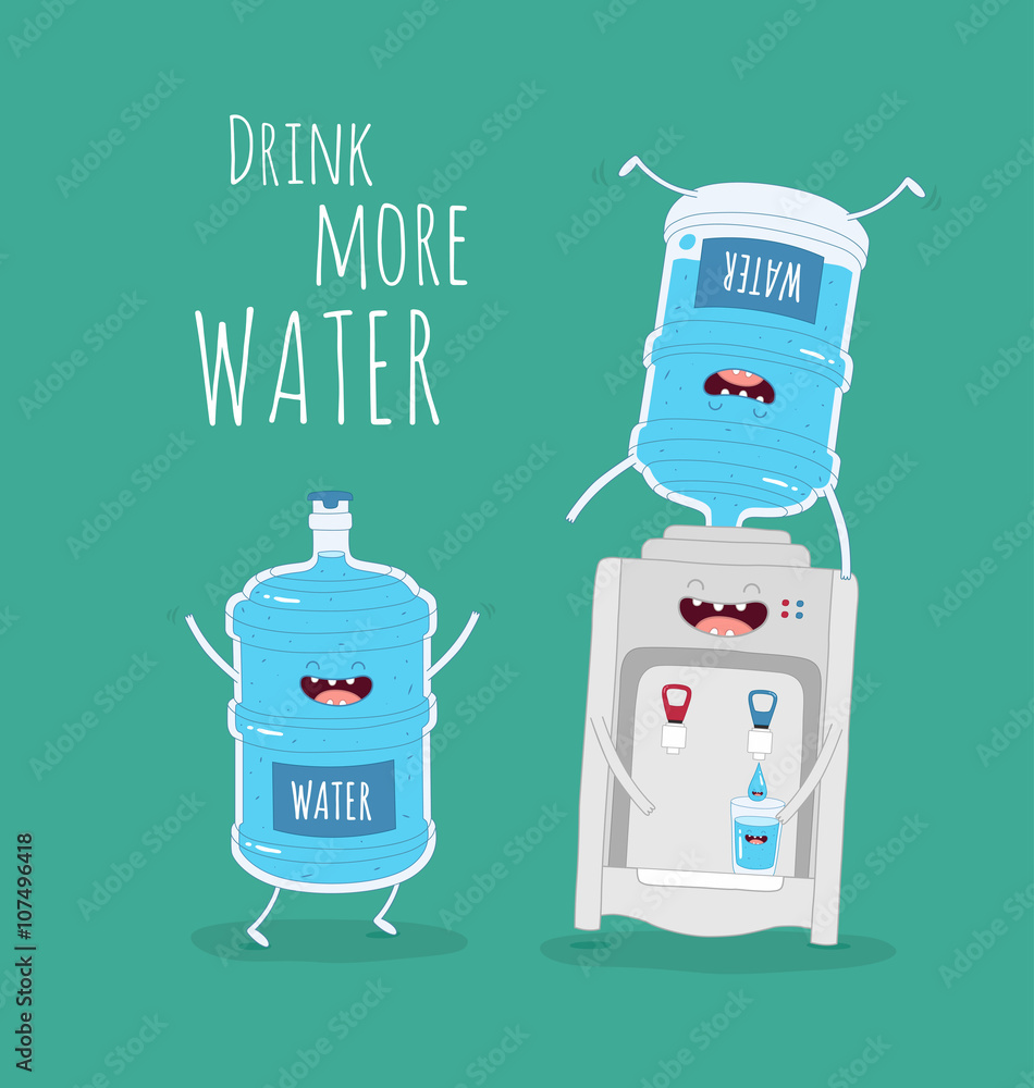 Naklejka premium Vector motivation card. Funny bottle and water cooler. Vector illustration.