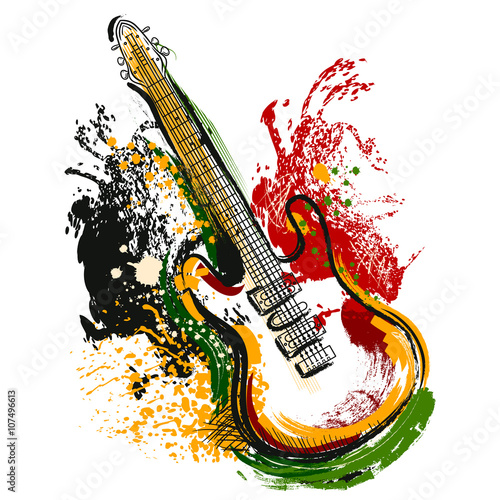 Electric guitar. Hand drawn grunge style art. Retro banner, card, t-shirt, bag, print, poster.Vintage colorful hand drawn vector illustration
