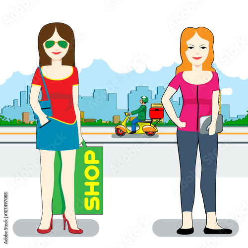 Shopping Day. Two Smiling Women with Shopping Bags. Delivery Guy Drives Scooter. City Buildings Silhouettes. Digital background vector illustration.