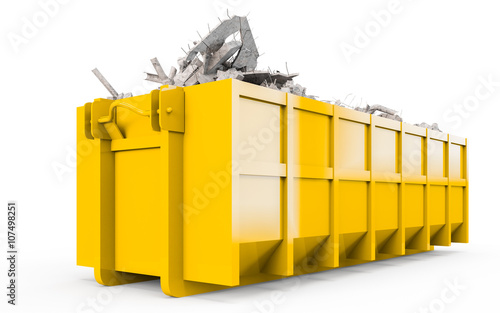 Yellow rubble container perspective front view isolated on white background. 3D Rendering, 3D Illustration.
