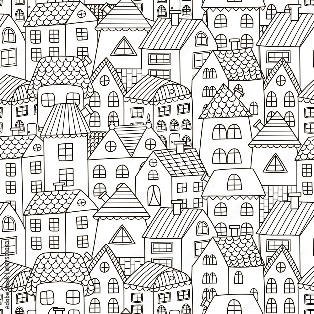 Doodle houses seamless pattern. Black and white city background