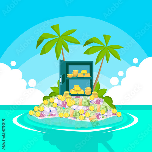 Safe Full of Money Tropical Island Palm Tree Offshore Banking
