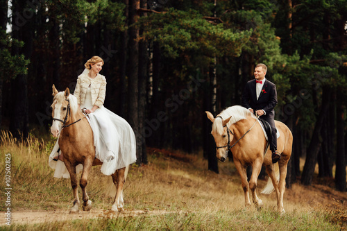 beautiful fabulous happy bride and stylish groom riding horses and lovely looking each other on the background of the autumn forest