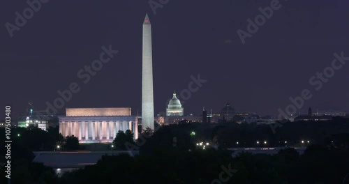 Washington DC Skyline Timelapse at Night With Super Moon, Lincoln Memorial, Washington Monument and US Capitol Building. There is plenty of time before the moon appears to use without the supermoon.