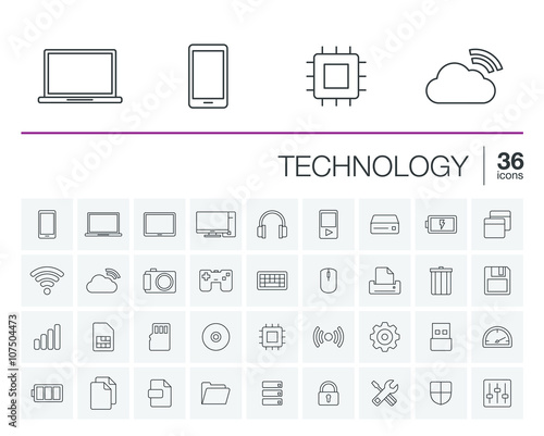Vector thin line icons set and graphic design elements. Illustration with technology and digital outline symbols. Mobile phone, cloud computing, cogwheel, settings, network and media linear pictogram