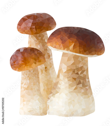 Three mushrooms in low poly style, polygon vector triangle bolet