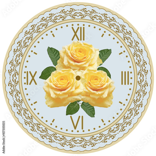 Clock face with ornament and roses