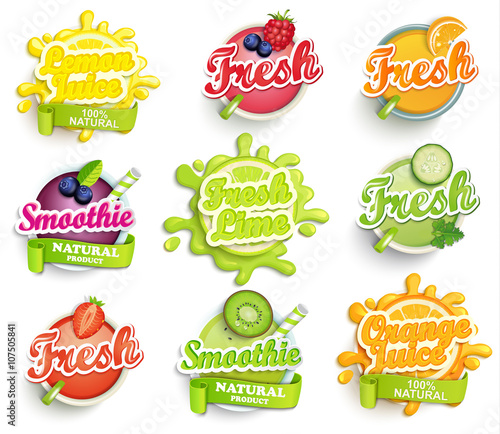 Set of orange, lemon, lime juece,smoothie and fresh labels splash.