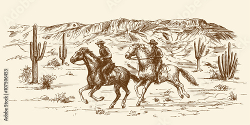 American wild west desert with cowboys - hand drawn illustration photo